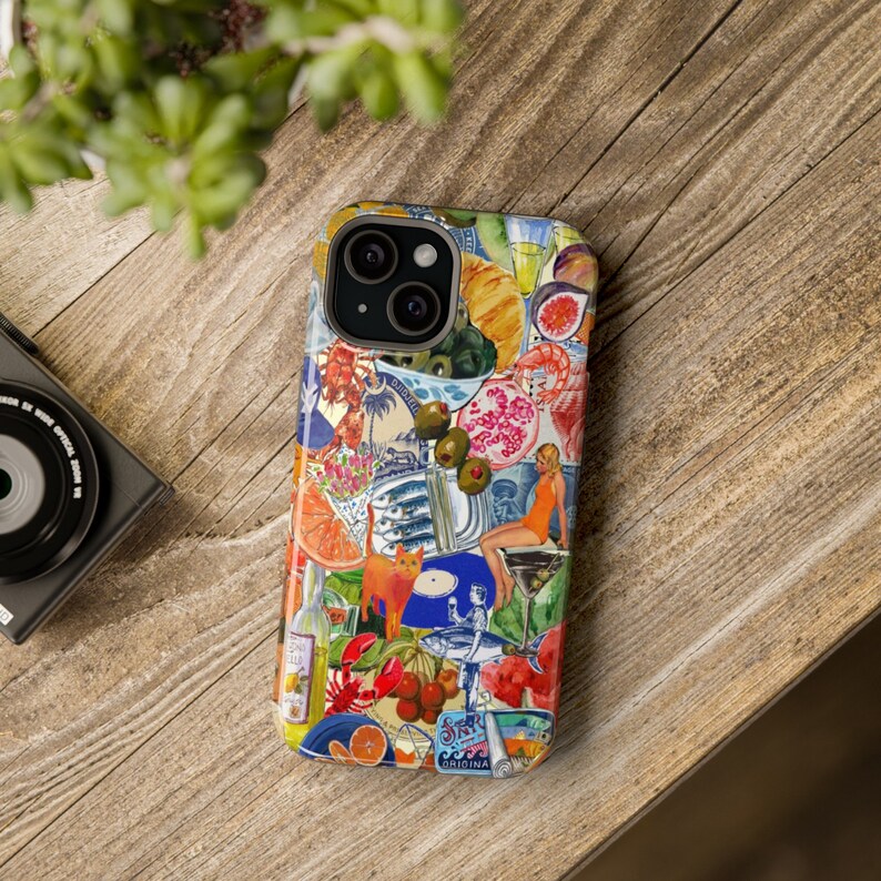 May include: A colorful phone case with a collage of images, including food, drinks, and a woman in a swimsuit. The case features a variety of colors, including red, orange, yellow, green, blue, and purple. The case also features a variety of textures, including smooth, rough, and textured. The case is made of a durable material and is designed to protect your phone from scratches and bumps.