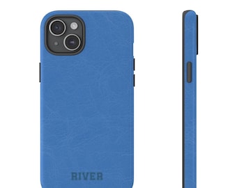 Personalized Leather Look Phone Case Blue Custom iPhone Cases 16 15 14 13 12 11 Pro Max Plus Galaxy S24 S23 S22 Pixel 8 Cover New Phone Gift