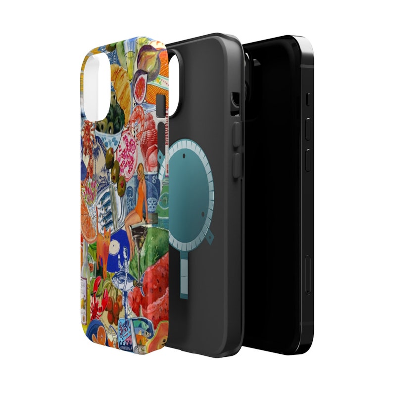 May include: A colorful phone case with a collage of fruits, vegetables, and other objects. The case is black and has a circular design on the back.