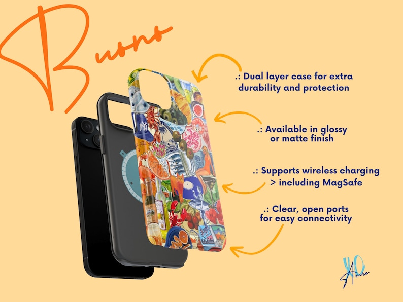 Pu&ograve; includere: Una custodia per telefono colorata con un collage di immagini. La custodia &egrave; realizzata in due strati per una maggiore durata e protezione. Supporta la ricarica wireless, incluso MagSafe. La custodia ha porte chiare e aperte per una facile connettivit&agrave;.