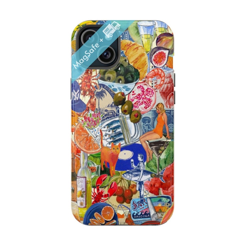 May include: A colorful phone case with a collage of images, including a cat, fish, fruit, and a woman in a swimsuit. The case has a MagSafe+ logo on it.