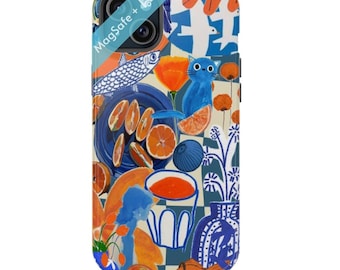 Blue Cat Collage Phone Case, MagSafe Phone Case Cute Orange Though Cases Trendy Art Coquette Aesthetic Cover iPhone 16 15 14 13 Pro Max Plus