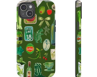 May include: Green phone case featuring a collage of watercolor illustrations. The design includes a speed limit sign, a dinosaur, a Del Monte label, a lizard, cherries, a bow, and a cocktail. The case also has a side view.