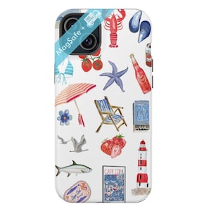 May include: A white iPhone case with a colorful pattern of summer-themed illustrations, including a lobster, seashells, a starfish, a beach chair, a lighthouse, strawberries, and a map of Cape Cod. The case also features the text "MagSafe+" in blue.
