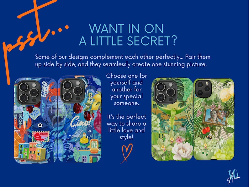 Pu&ograve; includere: Due coppie di custodie per telefono abbinate. La prima coppia presenta uno sfondo blu con illustrazioni colorate di monumenti italiani, cibo e il testo "Ciao". La seconda coppia presenta uno sfondo verde con illustrazioni di piante tropicali, un uccello e un ritratto incorniciato.