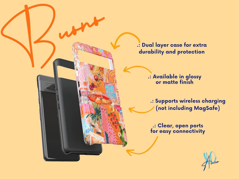 May include: A phone case with a colourful collage design. The case is made of two layers for extra durability and protection. It supports wireless charging and has clear, open ports for easy connectivity.