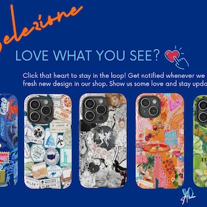 Pu&ograve; includere: Cinque custodie per iPhone diverse con design colorati in stile collage. Le custodie presentano una variet&agrave; di immagini, tra cui destinazioni di viaggio, animali e motivi astratti. Il testo "LOVE WHAT YOU SEE?" &egrave; visualizzato sopra le custodie.