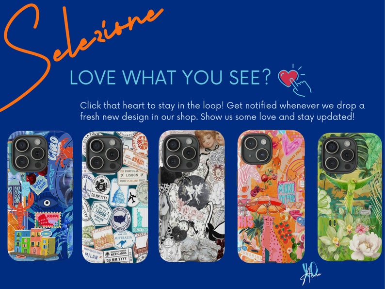 Pu&ograve; includere: Cinque custodie per iPhone diverse con design colorati in stile collage. Le custodie presentano una variet&agrave; di immagini, tra cui destinazioni di viaggio, animali e motivi astratti. Il testo "LOVE WHAT YOU SEE?" &egrave; visualizzato sopra le custodie.