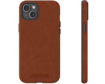 Personalized Leather Look Phone Case Brown Custom iPhone Cases 16 15 14 13 12 11 Pro Max Plus Galaxy S24 S23 S22 Pixel 8 Cover New Gift