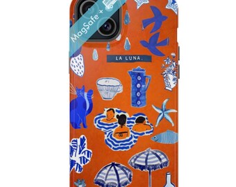 La Luna Collage Phone Case, Cute Blue Cat Phonecase Preppy Orange MagSafe Cases Coquette Aesthetic Mag Safe iPhone 16 15 14 13 Pro Max Plus