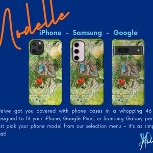 May include: Three phone cases with a green and white floral design featuring a painting of a woman. The cases are for iPhone, Samsung, and Google phones.