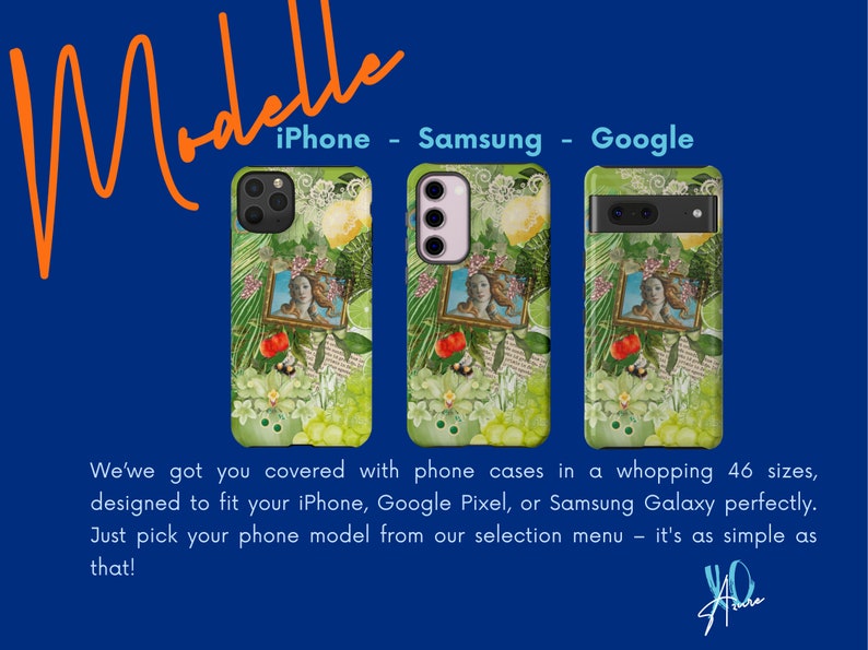 May include: Three phone cases with a green and white floral design featuring a painting of a woman. The cases are for iPhone, Samsung, and Google phones.
