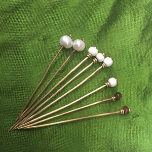 PAIR of Brass Medieval Veil Pins. Medieval Dress pin. Renaissance Pins. SCA Pins. Pins with Garnet, Pearl, Amethyst, and Glass.