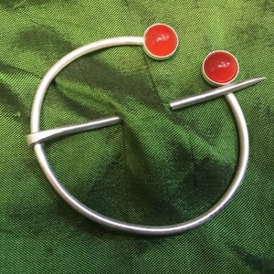 Sterling Silver Penannular Fibula Brooch. 925 Early Medieval Brooch with Carnelian. Shawl pin with Carnelian.