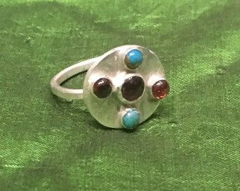 Sterling Silver Replica Of Merovingian Ring. 925 Silver Dark Age Ring with Garnet and Turquoise. Artisan Ring. 6th Century Ring.