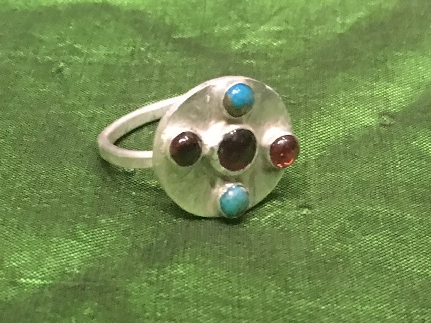 Sterling Silver Replica Of Merovingian Ring. 925 Silver Dark Age Ring with Garnet and Turquoise. Artisan Ring. 6th Century Ring.