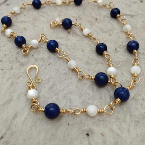 Lapis Lazuli and mother of pearls Roman Necklace. Ancient beaded necklace. Brass necklace for Reenactment and SCA. Artisan necklace.