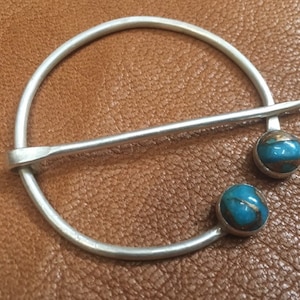 Sterling Silver Penannular Fibula Brooch. 925 Early Medieval Brooch with Copper Turquoise . Shawl Pin. SCA Brooch. LARP Brooch.