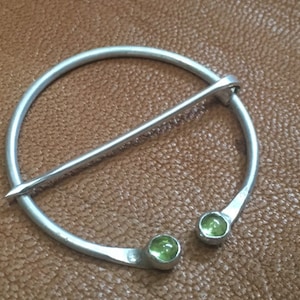 Sterling Silver Penannular Fibula Brooch. 925 Early Medieval Brooch with Peridot. Viking Brooch. Shawl Pin.