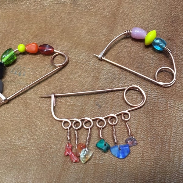 Copper Spiral Safety Pin, Shawl Pin, Celtic Style Brooch, Fibula, Cardigan Clip, Dress Pin for SCA and LARP. Pride pin. Pride flag brooch.