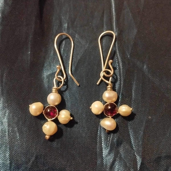 Sterling Silver Byzantine Earrings  with pearls and garnets.Early Medieval Earrings  for Reenactment, and SCA. Cross earrings