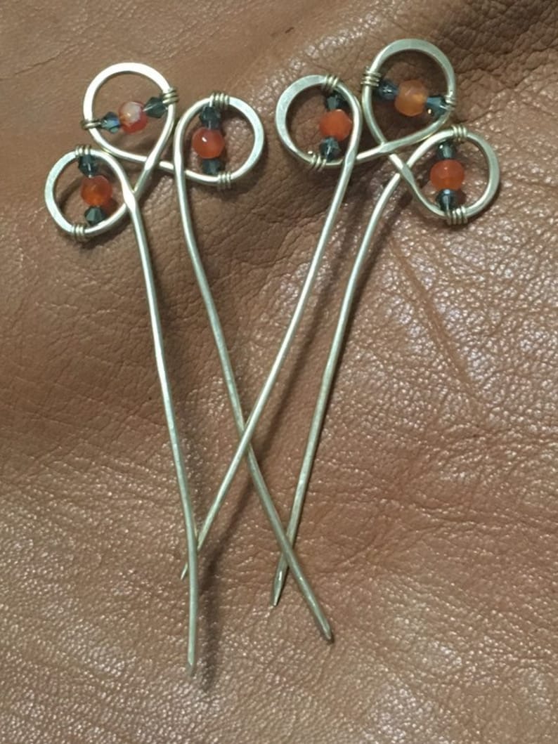 Brass Hairpin With Carnelian and Glass Crystals. Handcrafted | Etsy