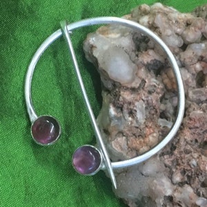 Sterling Silver Penannular Fibula Brooch. 925 Early Medieval Brooch with Amethysts. Viking Brooch. Shawl Pin.