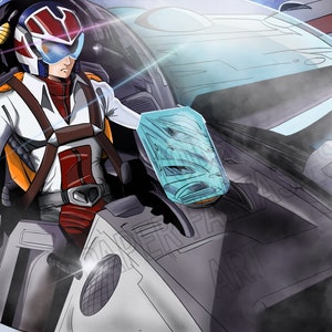 May include: A cartoon illustration of a pilot wearing a white, red, and blue jumpsuit and helmet, sitting in the cockpit of a futuristic spaceship.