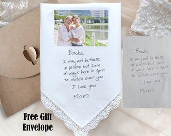 Handwritten note for the Bride or Groom gift with photo option printed onto wedding handkerchief, Memorial wedding gift