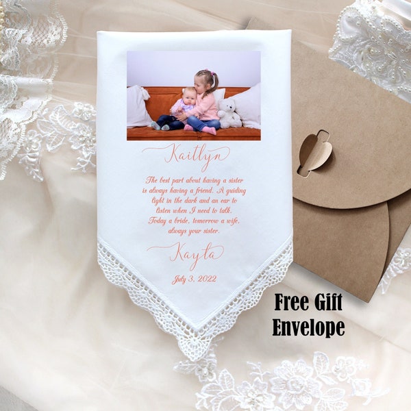 Sister of the Bride Gift, Wedding Handkerchief-PRINTED-CUSTOMIZED- with photo option on wedding handkerchief