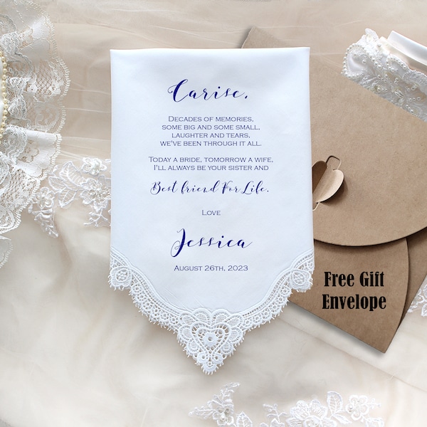 Personalized Wedding Handkerchief, Sister of Bride Gift