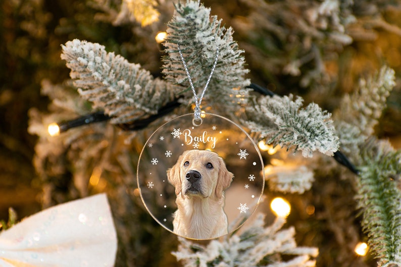 Christmas Dog ornament with name as Bailey and snow flakes background
