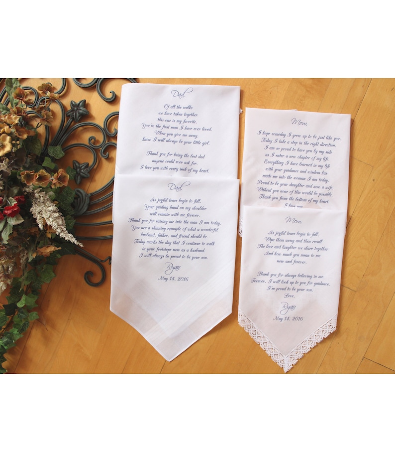Parents of the Bride Wedding handkerchiefs-Set of 4 handkerchiefs-PRINTED-FCAC Mother of the Bride Gift 53 Parents wedding gift