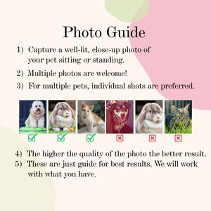 K&ouml;nnte beinhalten: Foto-Anleitung mit Anweisungen zum Fotografieren von Haustieren f&uuml;r ein individuelles Portr&auml;t. Die Anleitung zeigt Beispiele f&uuml;r gute und schlechte Fotos. Die guten Fotos sind gut beleuchtet, Nahaufnahmen des Haustieres im Sitzen oder Stehen. Die schlechten Fotos sind verschwommen, zu weit entfernt oder zeigen das Haustier, das nicht in die Kamera schaut.