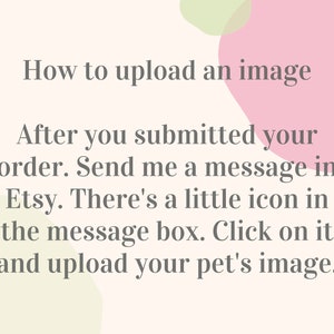 K&ouml;nnte beinhalten: Textuelle Anweisungen zum Hochladen eines Bildes auf Etsy nach der Bestellung. Der Text befindet sich auf einem wei&szlig;en Hintergrund mit rosa und gr&uuml;nen abstrakten Formen.