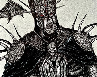 Vampire Warlord – Original Dark Fantasy Drawing, A3 Ink Artwork, Gothic Knight with Bats