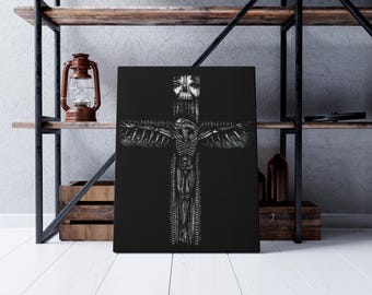 Alien Crucifixion – Biomechanical Dark Art on Stretched Canvas | Giger Gothic Wall Decor (A2 Ready-to-Hang)