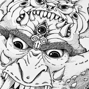 May include: Detailed black and white illustration of a monster face. The artwork features multiple eyes, sharp teeth, and intricate dot work, creating a textured and detailed appearance. The monster has a crown and a large nose.