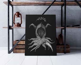 Jester&#39;s Hood Canvas – A3 Stretched Canvas Print, Occult Tentacle Entity with Scythe, Dark Gothic Wall Art by MZNTRP