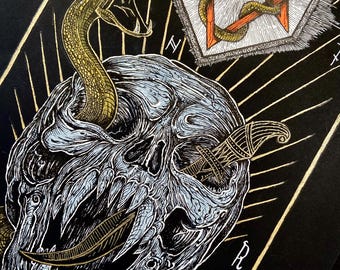 Serpent of Revelation – Original Artwork | Occult Skull with Serpent, A4