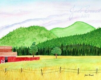 Red Barn Farmhouse Landscape Art Print| Watercolor Painting| Farmhouse Art| Rustic Wall Decor| Country Gift