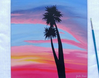 Original oil painting| beach sunset wall art| island art| palm tree art| tropical decor| silhouette designs| Hawaiian| beach gifts