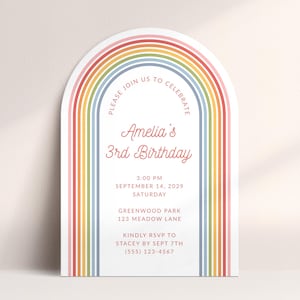 May include: A birthday invitation with a rainbow arch design. The invitation includes the text "Please join us to celebrate Amelia's 3rd Birthday" along with the date, time, and location. The RSVP details are also included.