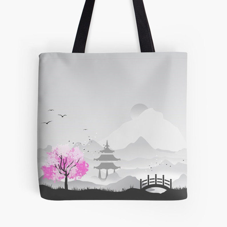 Black Strap Cherry Blossom Tote Bag Fabric Bag Japanese Handbag Grey with color pop