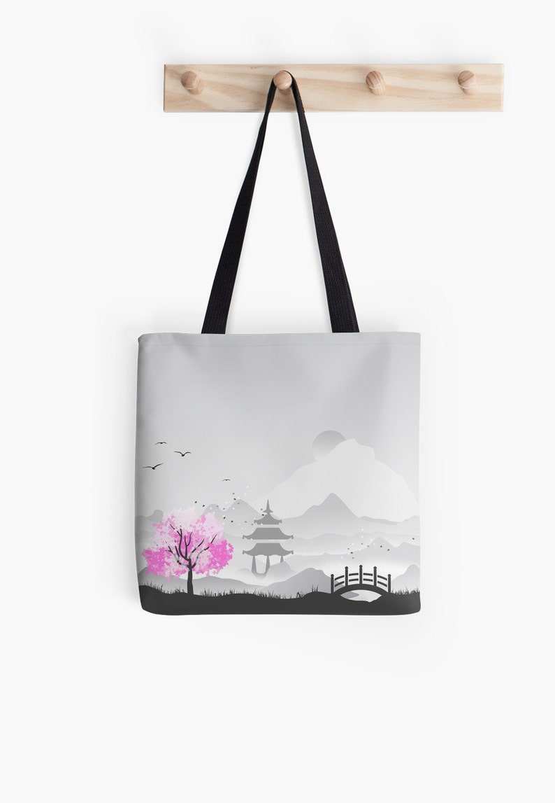 Black Strap Cherry Blossom Tote Bag Fabric Bag Japanese Handbag Grey with color pop