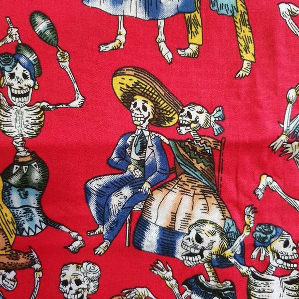 Dancing Skeletons fabric Day of the dead Folkloric fabric in red Mariachi band Dia de muertos Skeleton fiesta Skeleton party 20"L x 44W