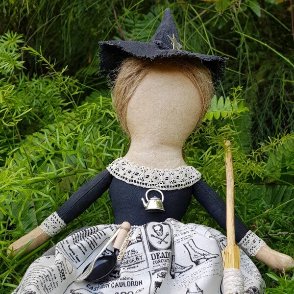 COUNTRY KITCHEN WITCH-Witch doll with kettle, fork and frying pan Handmade witch doll with pentacle on broom Rustic magickal witchy cottage.
