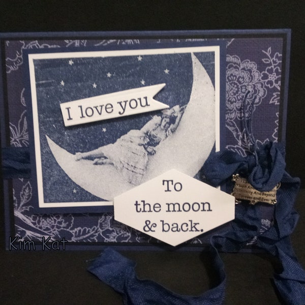 Lady On Moon Card Pop Up Love You To The Moon and Back Romantic Lady 3D Valentine's Day Anniversary Mixed Media Art Handmade