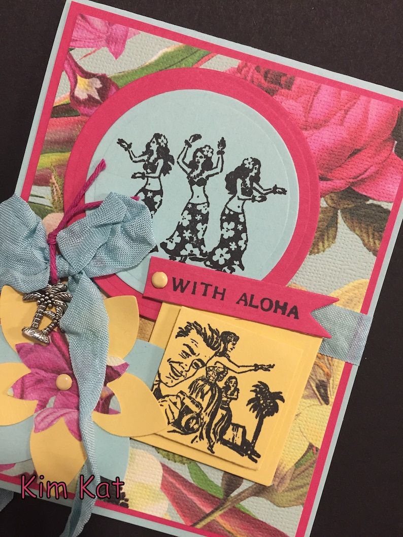 Retro Hawaii Card Pop Up Hawaiian Hula Girls With Aloha 3D Mixed Media Art Handmade
