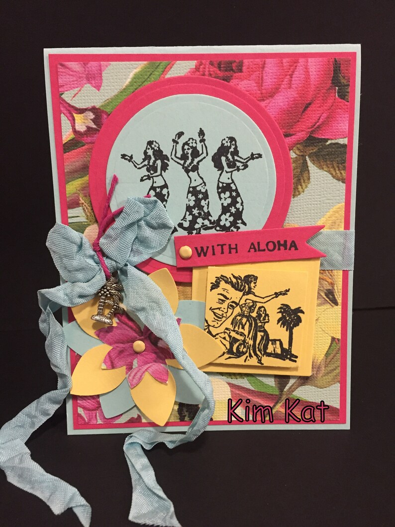 Retro Hawaii Card Pop Up Hawaiian Hula Girls With Aloha 3D Mixed Media Art Handmade